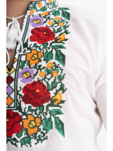 Ie barbat din bumbac alb cu model traditional flori multicolore - Img 3