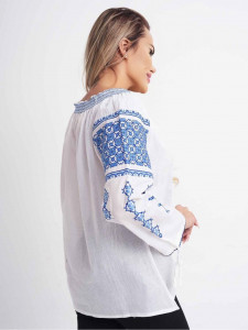 Ie dama din bumbac alb cu model traditional albastru inima - Img 3