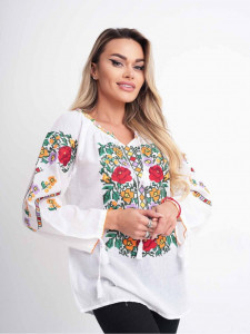 Ie dama din bumbac alb cu model traditional flori multicolore - Img 1