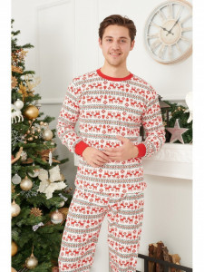 Pijama de Craciun barbat model alb cu reni rosii din bumbac - Img 2