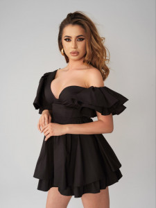 Rochie asimetrica neagra cu corset si volane pentru dama - Img 3
