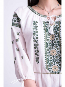 Rochie dama tip ie traditionala din bumbac alb cu broderie verde - Img 6