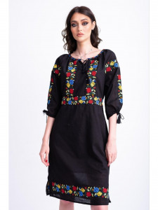 Rochie dama tip ie traditionala din bumbac negru cu broderie florala multicolora - Img 2