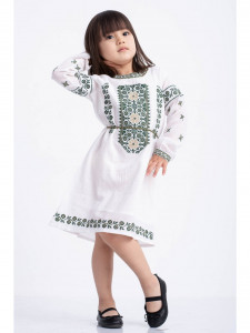 Rochie fetite tip ie traditionala din bumbac alb cu broderie verde - Img 1