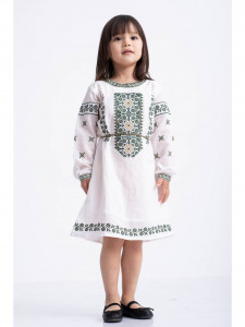 Rochie fetite tip ie traditionala din bumbac alb cu broderie verde - Img 6