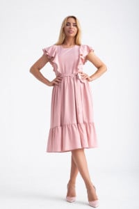 Rochie midi roz cu volane si cordon in talie