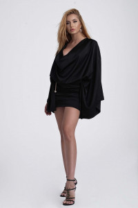 Rochie mini neagra cu drapaje si top vaporos - Img 4