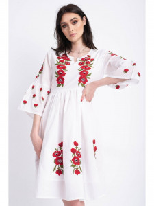 Rochie tip ie traditionala din bumbac alb cu model brodat rosu - Img 5