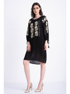 Rochie tip ie traditionala din bumbac negru cu broderie aurie - Img 2