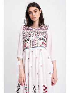 Rochie tip ie traditionala lunga din bumbac alb cu model geometric mov - Img 2