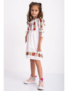 Rochie Traditionala din Bumbac Alb Brodat cu Flori Rosii - Img 2