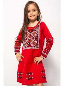 Rochie Traditionala din Bumbac Rosu cu Broderie Geometrica - Img 2