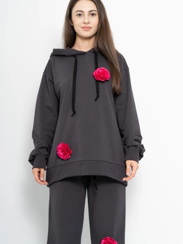 Trening dama COZY CUSTOM Oversize WKND gri cu 3 trandafiri fucsia-slim - Img 2