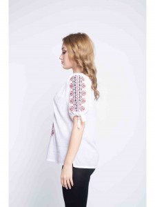 Bluza dama tip ie din bumbac alba cu model traditional colorat - Img 2