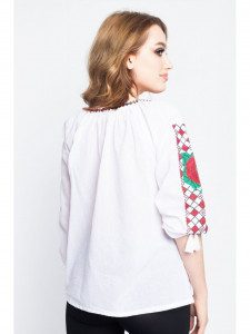 Bluza dama tip ie din bumbac alba cu model traditional rosu - Img 3