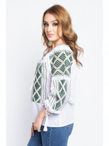 Bluza dama tip ie din bumbac alba cu model traditional verde cu auriu - Img 2