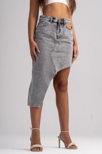 Fusta asimetrica gri din denim pentru dama - Img 1