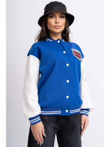 Jacheta Dama din Bumbac Vatuit Albastru cu Maneci Albe Model Baseball - Img 1
