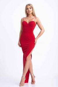 Rochie cambrata din lycra rosie cu insertii argintii si bretele pentru dama - Img 3