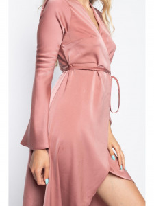 Rochie dama asimetrica din satin latte petrecuta cu snur in talie - Img 1