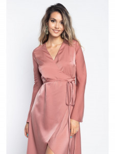 Rochie dama asimetrica din satin latte petrecuta cu snur in talie - Img 4