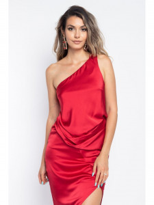 Rochie dama asimetrica din satin rosu cu un umar gol - Img 4