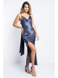 Rochie dama din satin albastru cu spate gol si crapatura laterala - Img 1