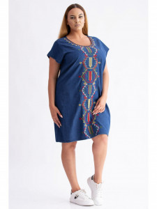 Rochie dama marimi mari din bumbac albastru cu model abstract - Img 3