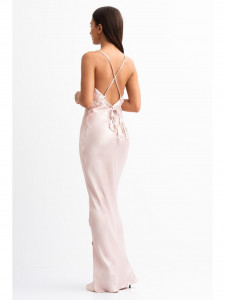 Rochie dama roz pal din satin maxi cu spate gol - Img 5