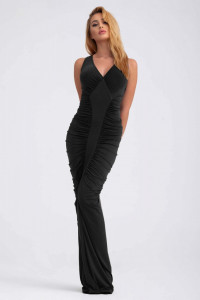 Rochie lunga drapata neagra cu decolteu pentru dama - Img 8