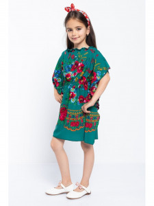 Rochie Model Folclor din Bumbac Verde cu Elastic in Talie - Img 3