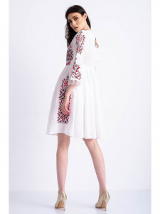 Rochie tip ie traditionala din bumbac alb cu model brodat rosu - Img 4
