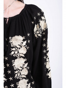 Rochie tip ie traditionala din bumbac negru cu broderie aurie - Img 8