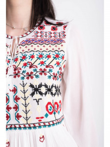 Rochie tip ie traditionala lunga din bumbac alb cu model geometric mov - Img 8