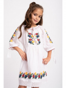 Rochie Traditionala din Bumbac Alb Brodat cu Flori Colorate - Img 3
