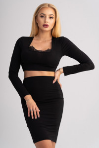 Set negru cu fusta midi si top cu maneca lunga - Img 1