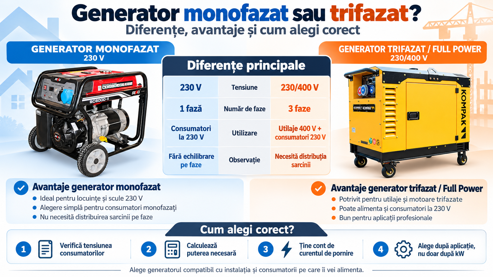 Generator monofazat sau trifazat? Diferențe, avantaje și cum alegi corect