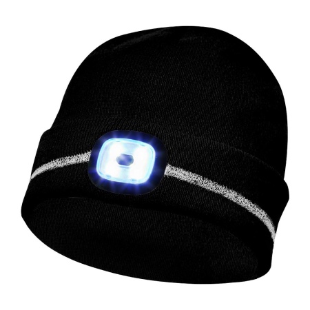 Caciula neagra cu banda reflectorizanta si LED, 4 niveluri de luminozitate, 60 de minute de functionare, LED detasabil si reincarcabil prin USB