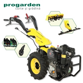 Motocultor multifunctional 12CP, diesel, pornire electrica, 3+2 viteze, reductor + BC120M Bara cosire 120cm + Roata sustinere + FT90 Freza tractata 90cm + 4L Ulei ProGARDEN Pachet Campo U12E - Img 2