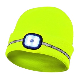 Caciula galbena cu banda reflectorizantă si LED, 4 niveluri de luminozitate, 60 de minute de functionare, LED detasabil si reincarcabil prin USB - Img 1