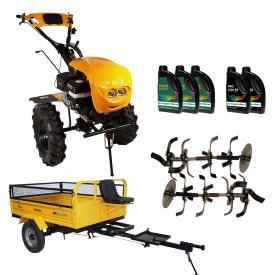Pachet motocultor Campo 1853, benzina, EURO5, 18CP, 2+1 trepte, remorca 600kg, obloane, ulei motor si transmisie incluse