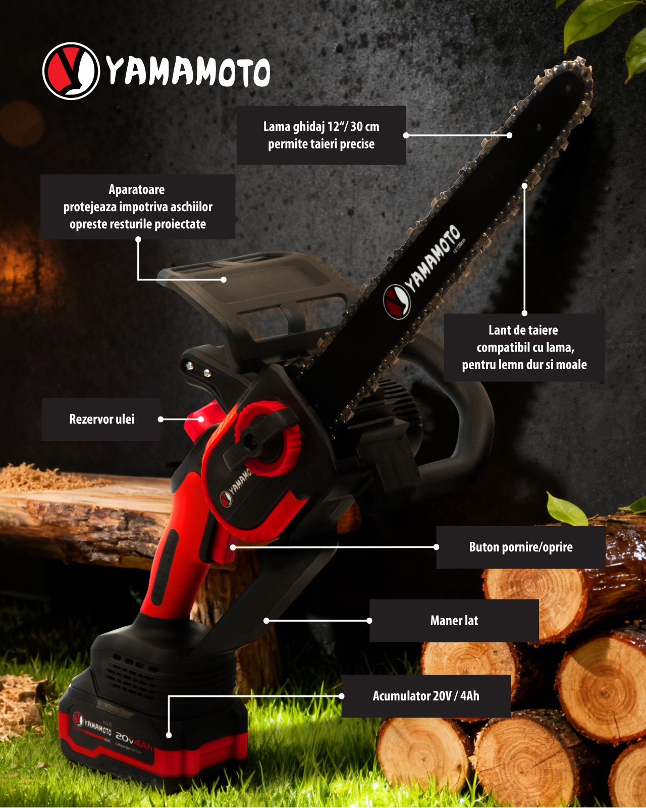 Mini Drujbă 12 Inch YAMAMOTO YBS-124, Motor Brushless, 20V, 4Ah, 6200 RPM