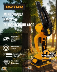 Fierastrau cu Lant Acumulator ROTOR RMC21-6, 21V, 2Ah, 12 m/s