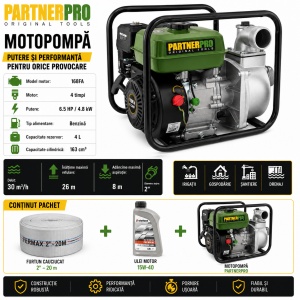 Motopompa pe benina PartnerPro, 6.5cp, 163cc, 4 timpi, 500l/min, capacitate rezervor 4l, inaltime refulare 26, adancime aspiratie 8m, diametru iesire 2", include furtun pompieri cauciucat 20m - Img 2