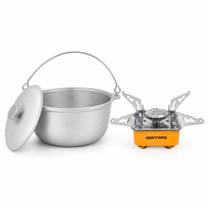 Pachet Ceaun Tuci Aluminiu ROTOR 3L cu capac + Arzator Portabil ROTOR RPCG-281YW CADOU