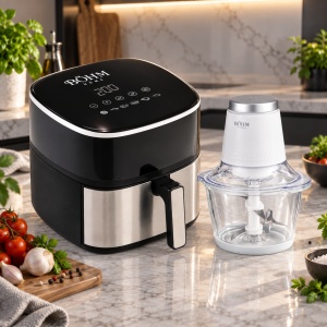 Pachet Friteuza Airfryer cu Aer Cald Bohm Home BDY-AF533R, 1400W 6L + Tocator Electric BFCG40W12, 400W