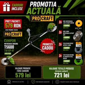Pachet Motocoasa Benzina ProCraft T5600, 4T, 7.8CP + Discuri, Fir Nylon si Disc Vidia CADOU - Img 2