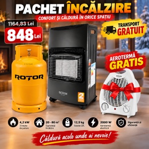 Pachet Soba Gaz GPL Pliabila Bohm BF-003B, 4.2kW, 3 trepte, 20-80 m2 + Butelie GPL ROTOR 26L + Aeroterma Bohm BFH-801, 2000W CADOU - Img 2