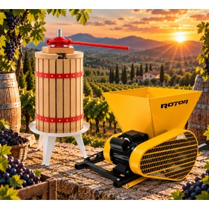 Pachet Teasc Presa Struguri si Fructe ROTOR FP-40, 40 L, lemn masiv de stejar + Zdrobitor Struguri Electric ROTOR HGP-60, 750W, cuva 28L