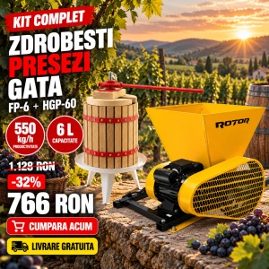 Pachet Teasc Presa Struguri si Fructe ROTOR FP-6, 6 L, lemn masiv de stejar + Zdrobitor Struguri Electric ROTOR HGP-60, 750W, cuva 28L - Img 2